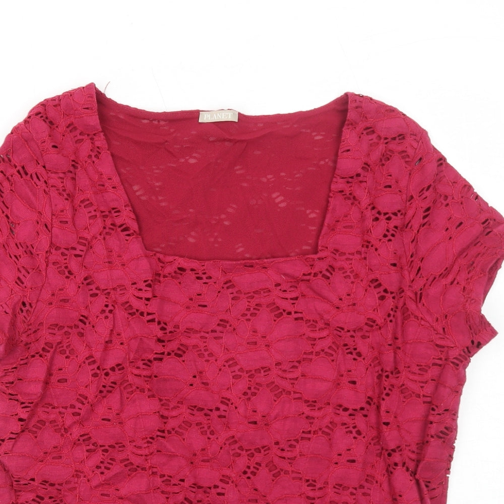 Planet Womens Red Floral Nylon Basic T-Shirt Size XL Square Neck