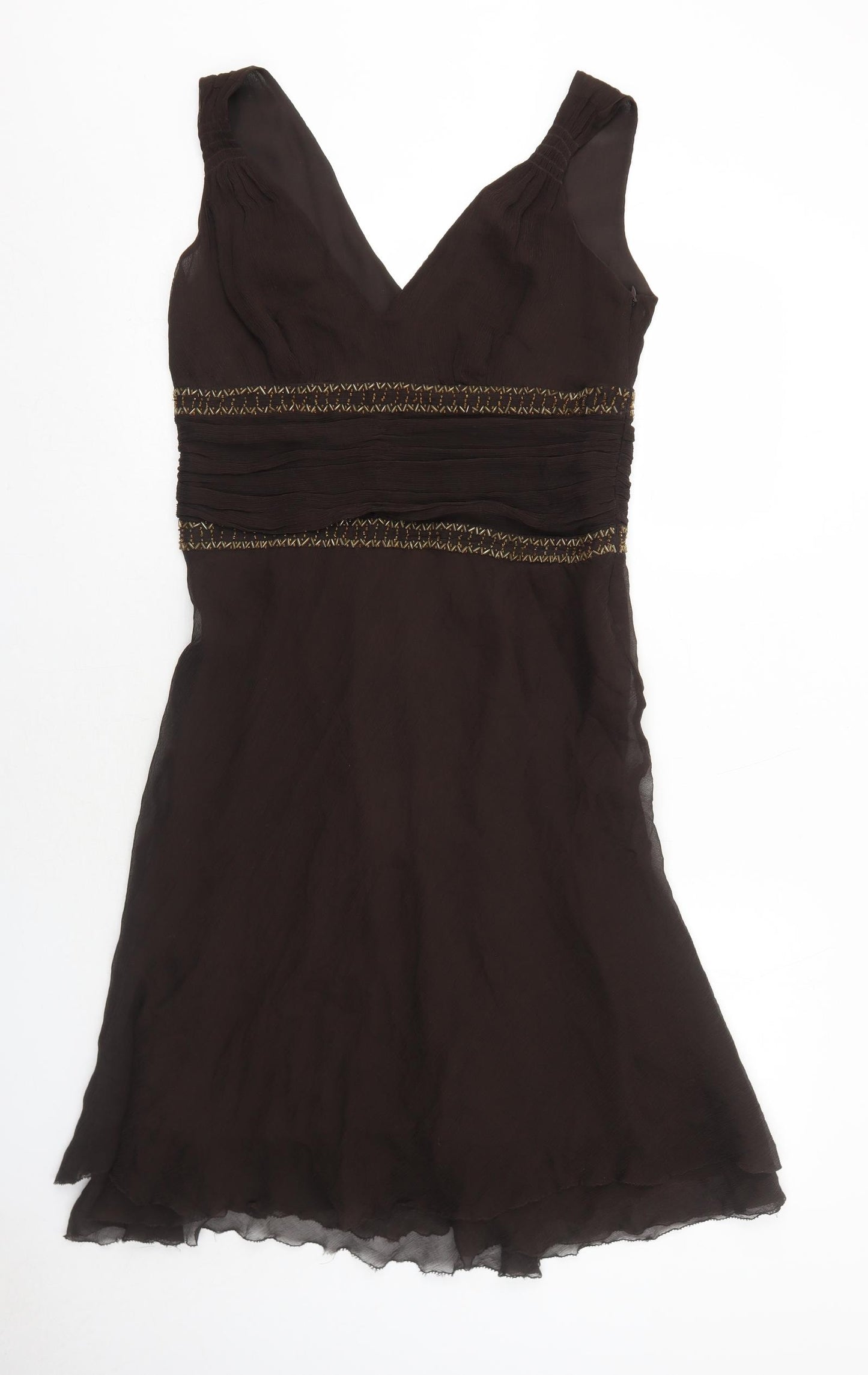 Marks and Spencer Womens Brown Silk A-Line Size 14 V-Neck Zip