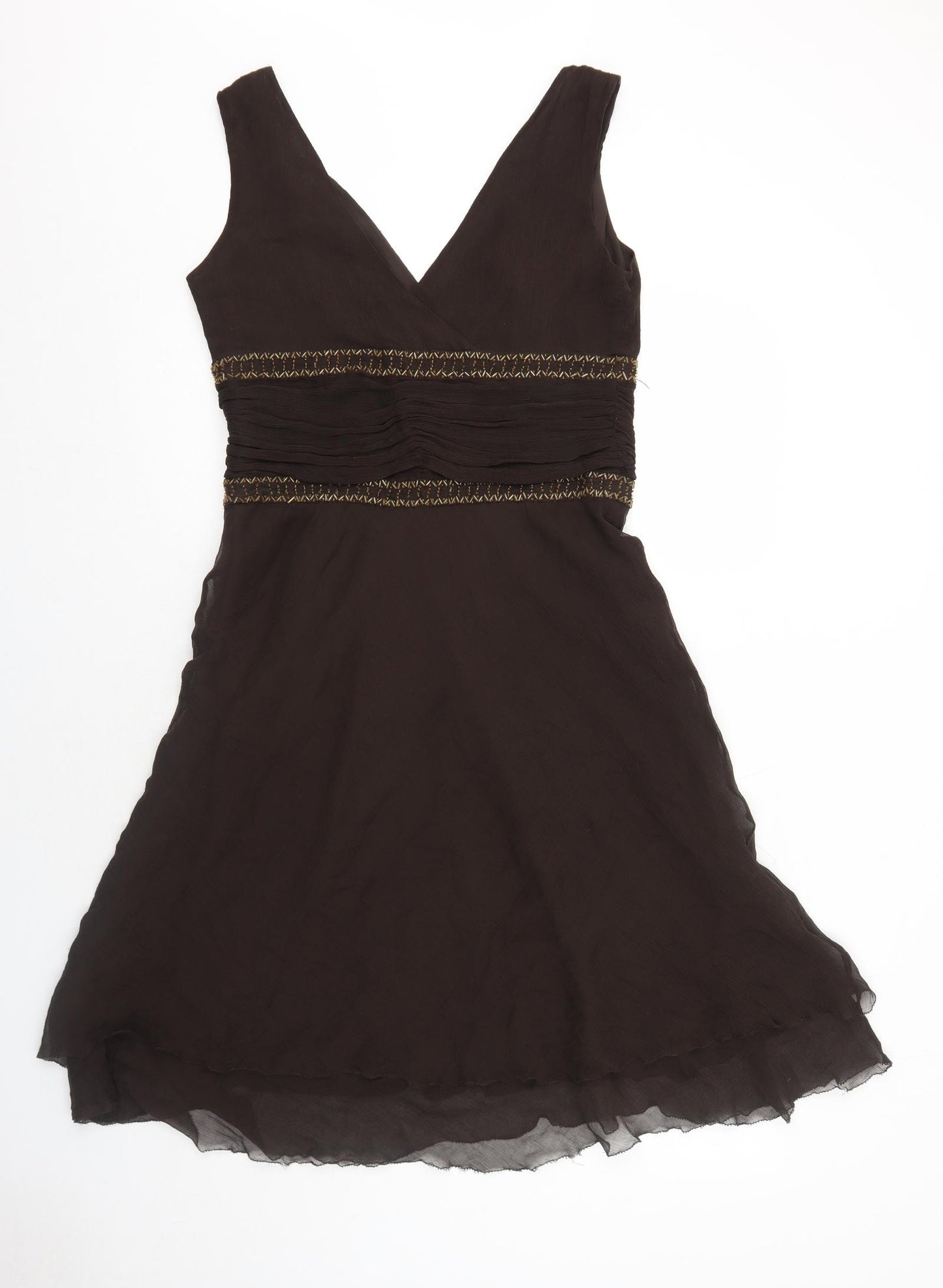 Marks and Spencer Womens Brown Silk A-Line Size 14 V-Neck Zip