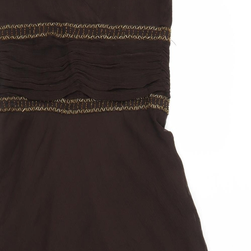 Marks and Spencer Womens Brown Silk A-Line Size 14 V-Neck Zip