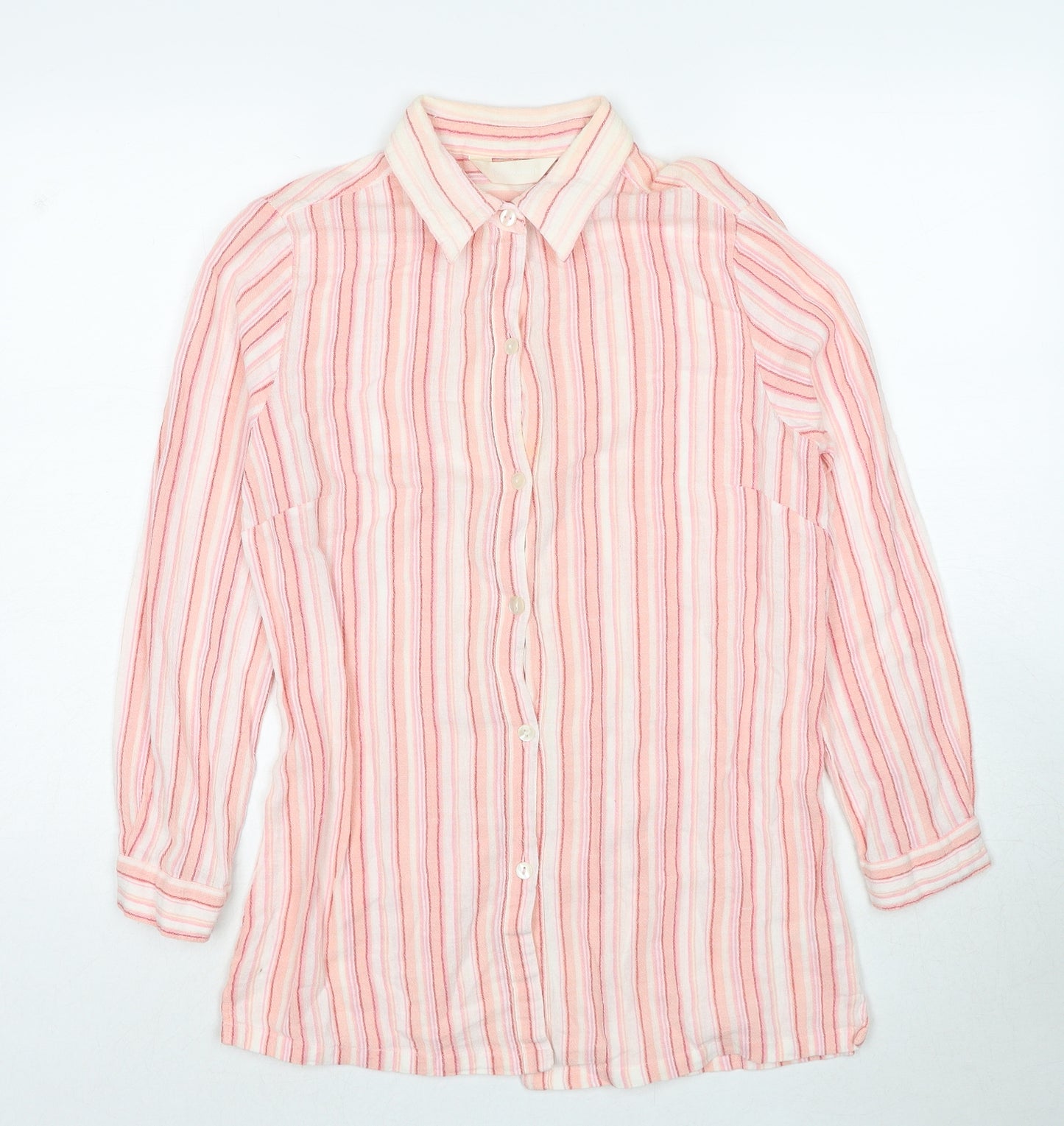 For Women Womens Pink Striped Cotton Basic Button-Up Size 14 Collared