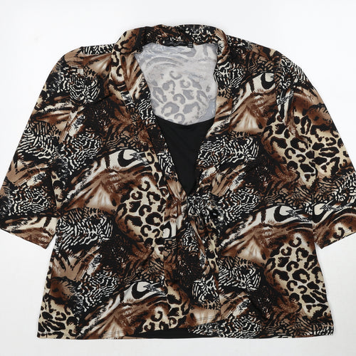 Notations Womens Brown Animal Print Polyester Basic Blouse Size 2XL V-Neck - Leopard Pattern