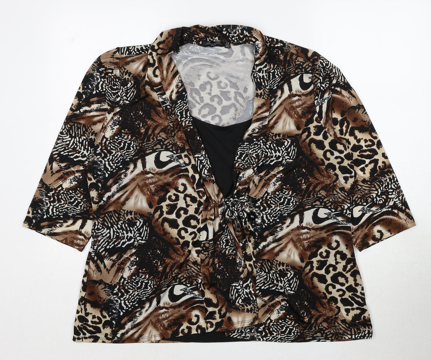Notations Womens Brown Animal Print Polyester Basic Blouse Size 2XL V-Neck - Leopard Pattern