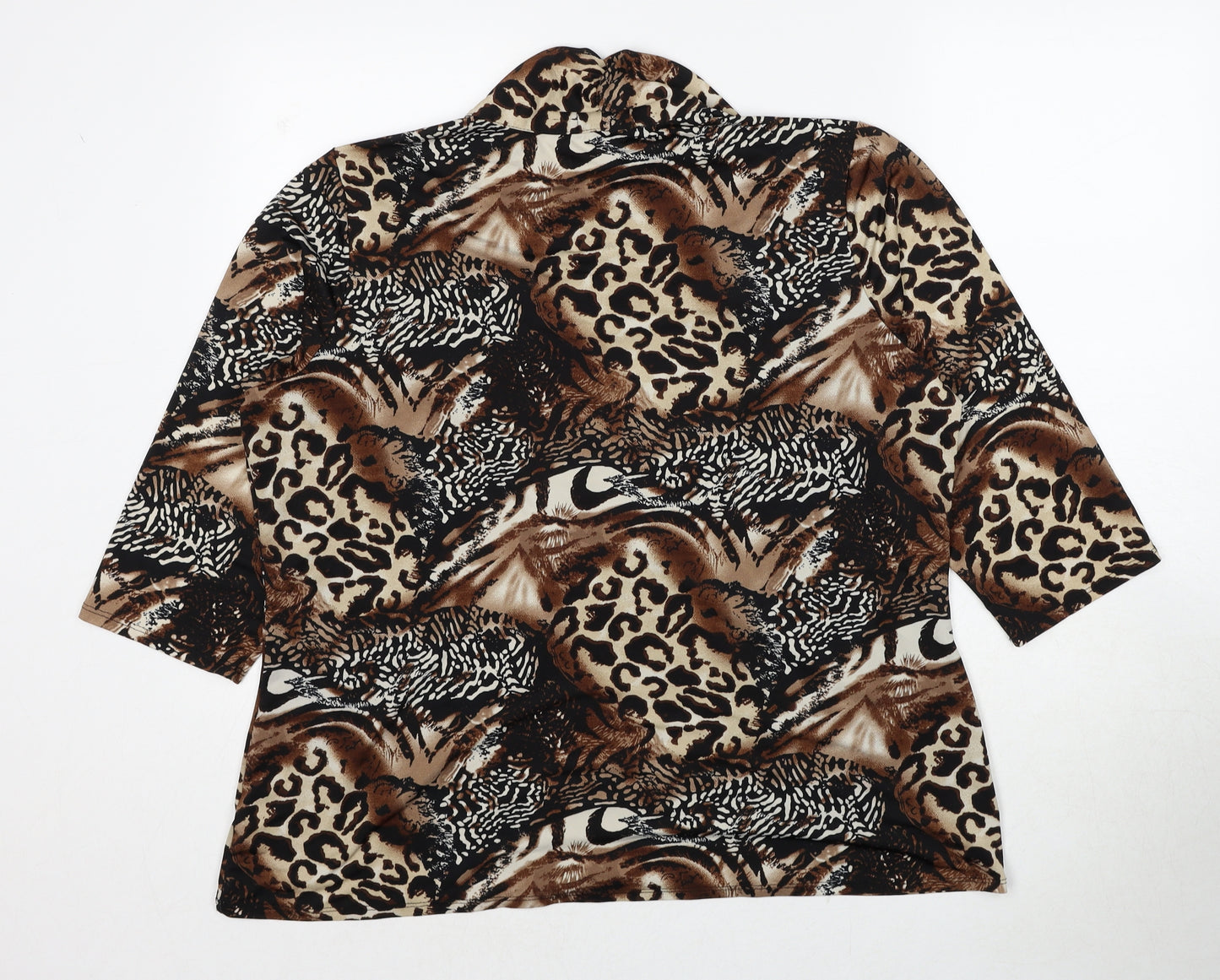 Notations Womens Brown Animal Print Polyester Basic Blouse Size 2XL V-Neck - Leopard Pattern