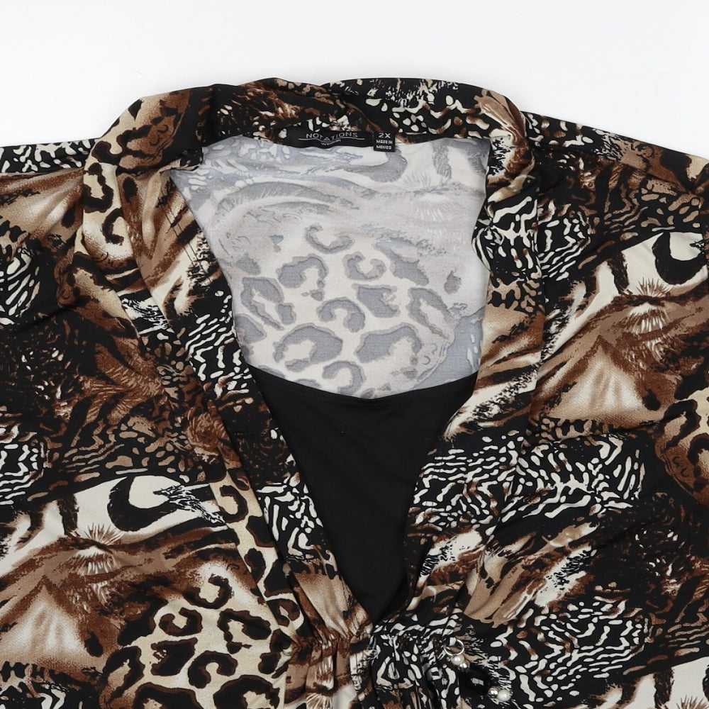 Notations Womens Brown Animal Print Polyester Basic Blouse Size 2XL V-Neck - Leopard Pattern