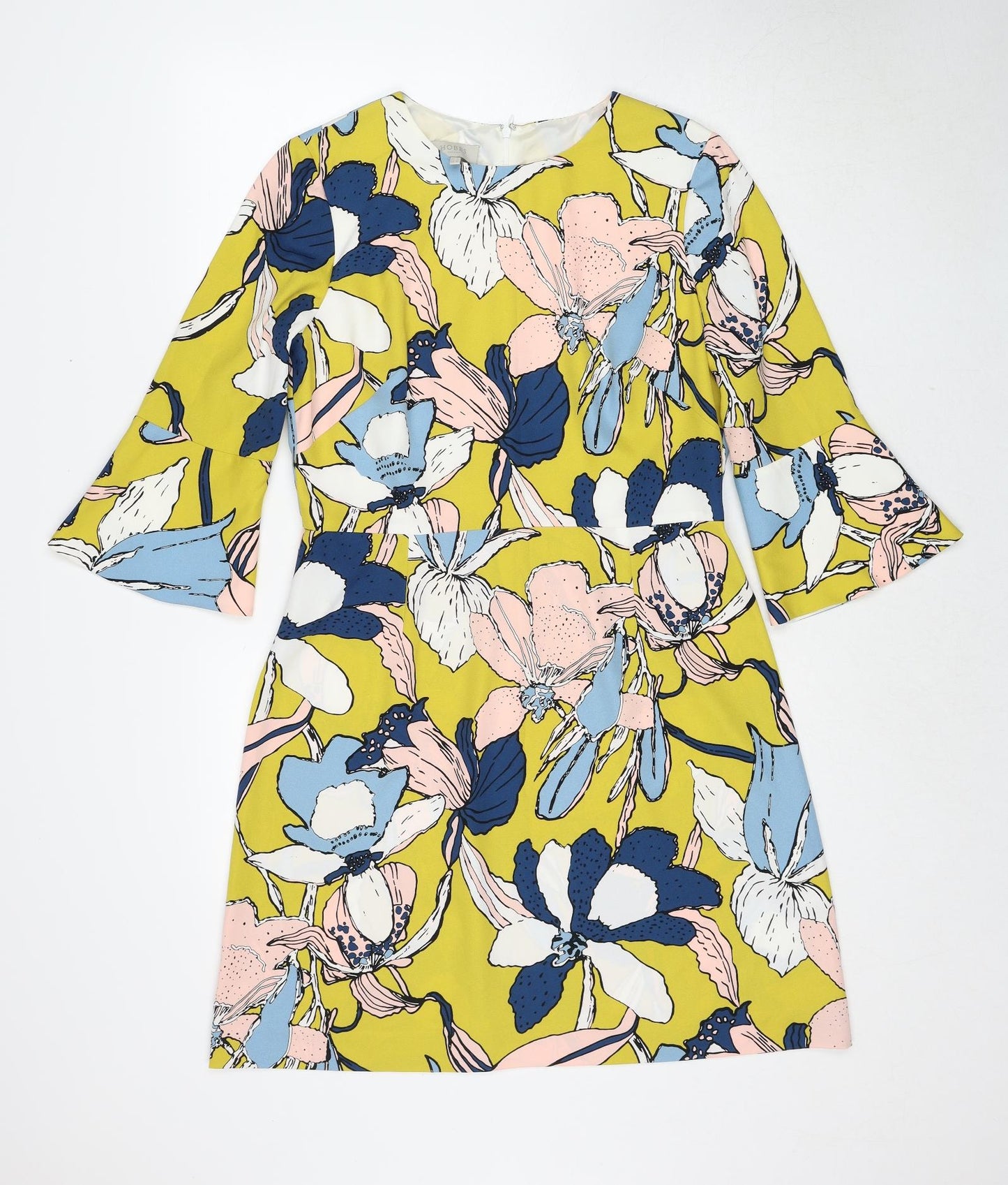 Hobbs Womens Yellow Floral Polyester A-Line Size 14 Round Neck Zip