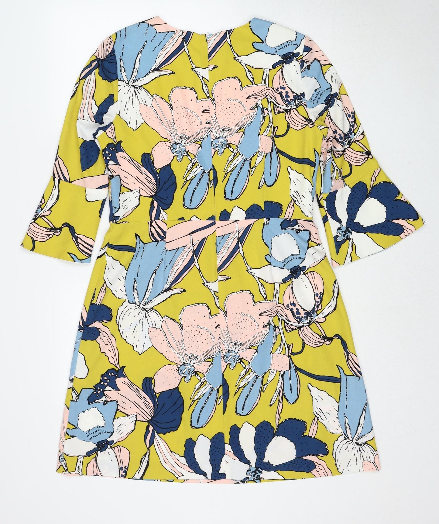 Hobbs Womens Yellow Floral Polyester A-Line Size 14 Round Neck Zip