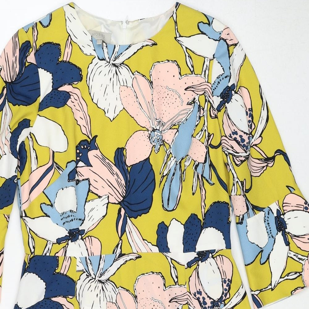 Hobbs Womens Yellow Floral Polyester A-Line Size 14 Round Neck Zip