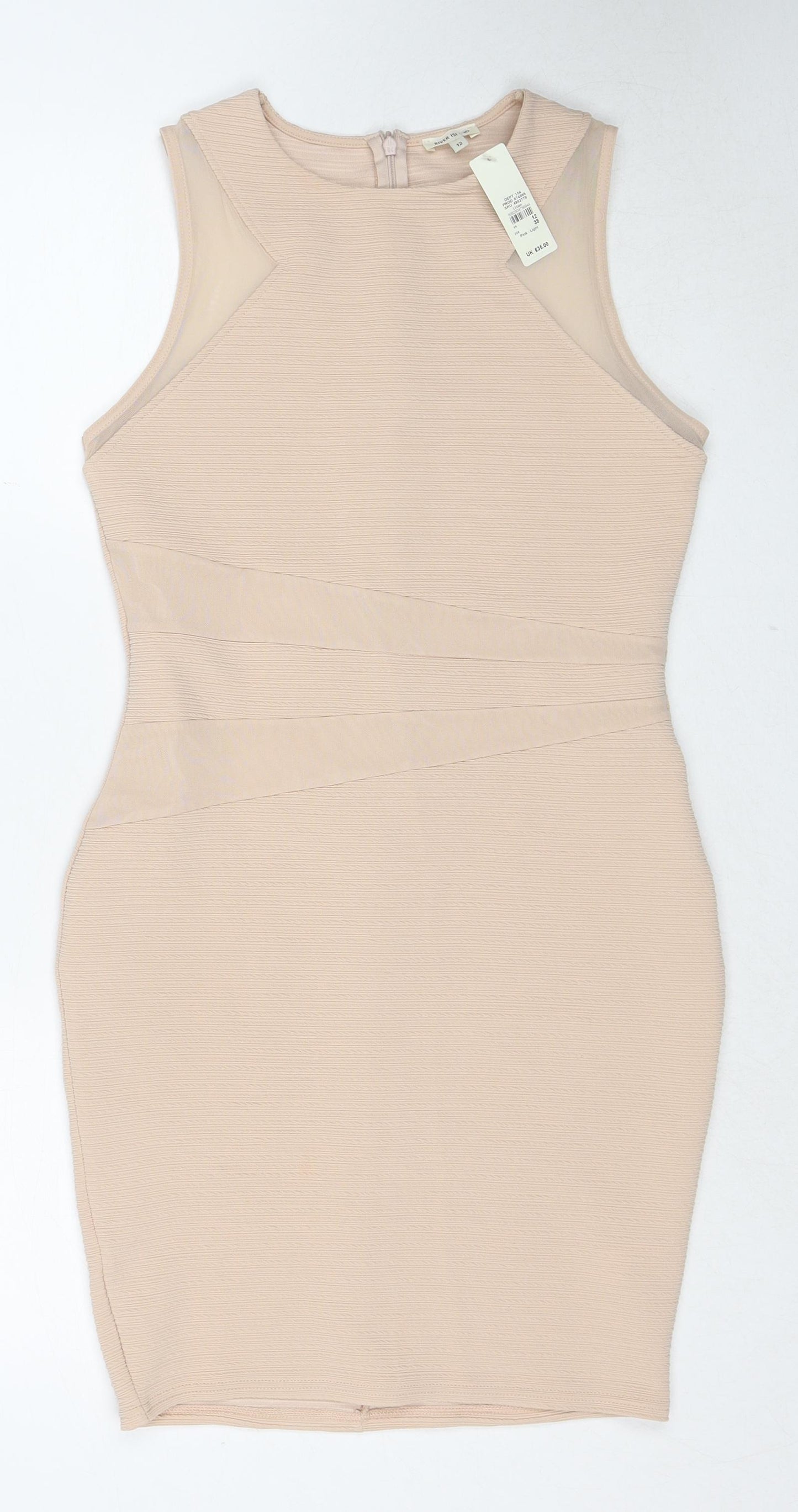 River Island Womens Beige Polyester Bodycon Size 12 Round Neck Zip