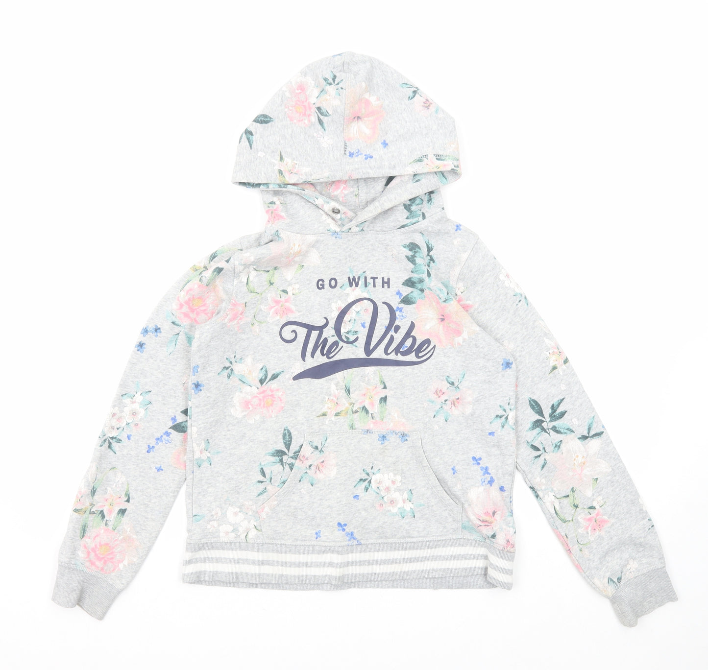 H&M Girls Grey Floral Cotton Pullover Hoodie Size 13-14 Years Pullover
