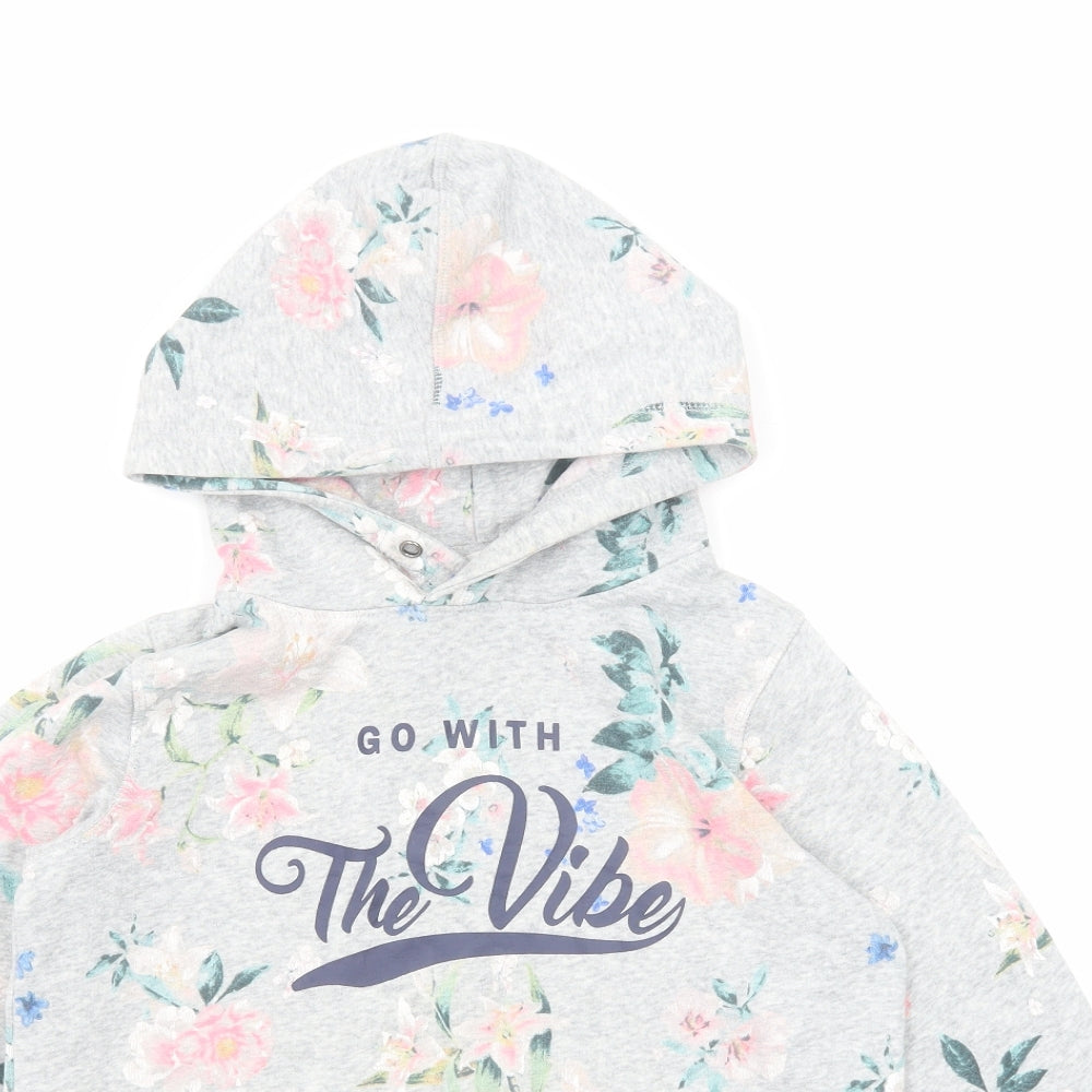H&M Girls Grey Floral Cotton Pullover Hoodie Size 13-14 Years Pullover