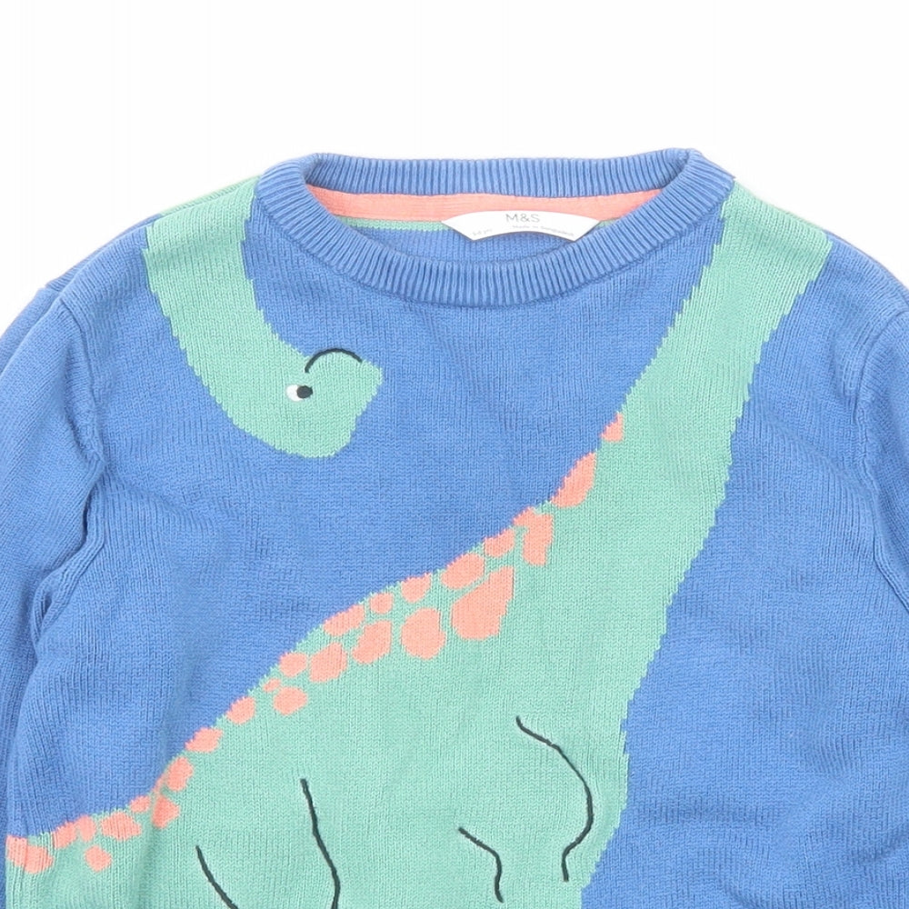 Marks and Spencer Boys Blue Crew Neck Cotton Pullover Jumper Size 5-6 Years Pullover - Dinosaur