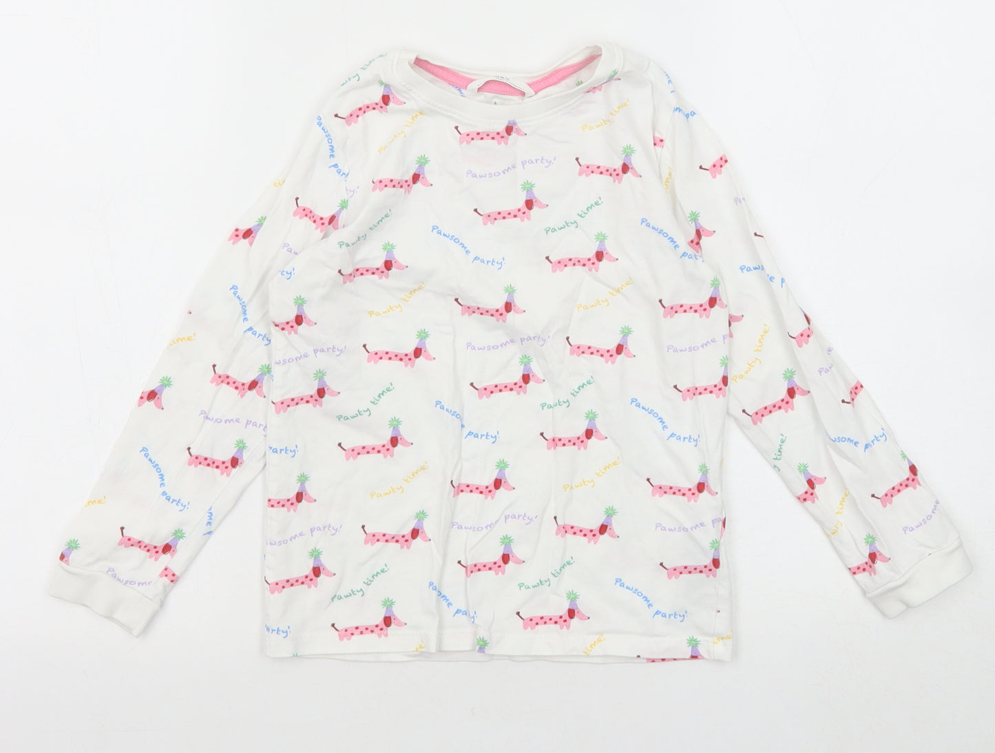 Marks and Spencer Girls White Geometric Cotton Pullover T-Shirt Size 6-7 Years Round Neck Pullover - Sausage Dog