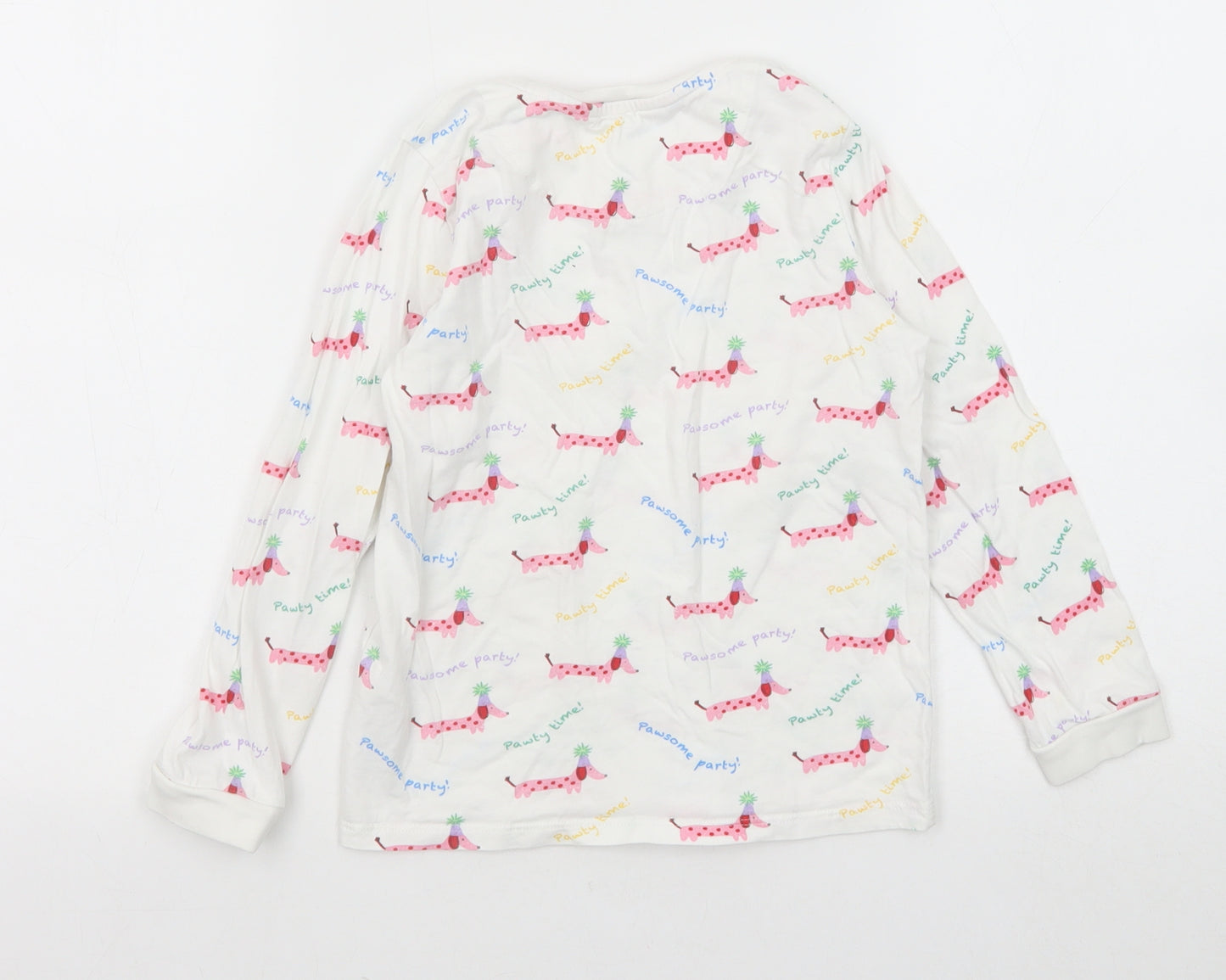 Marks and Spencer Girls White Geometric Cotton Pullover T-Shirt Size 6-7 Years Round Neck Pullover - Sausage Dog