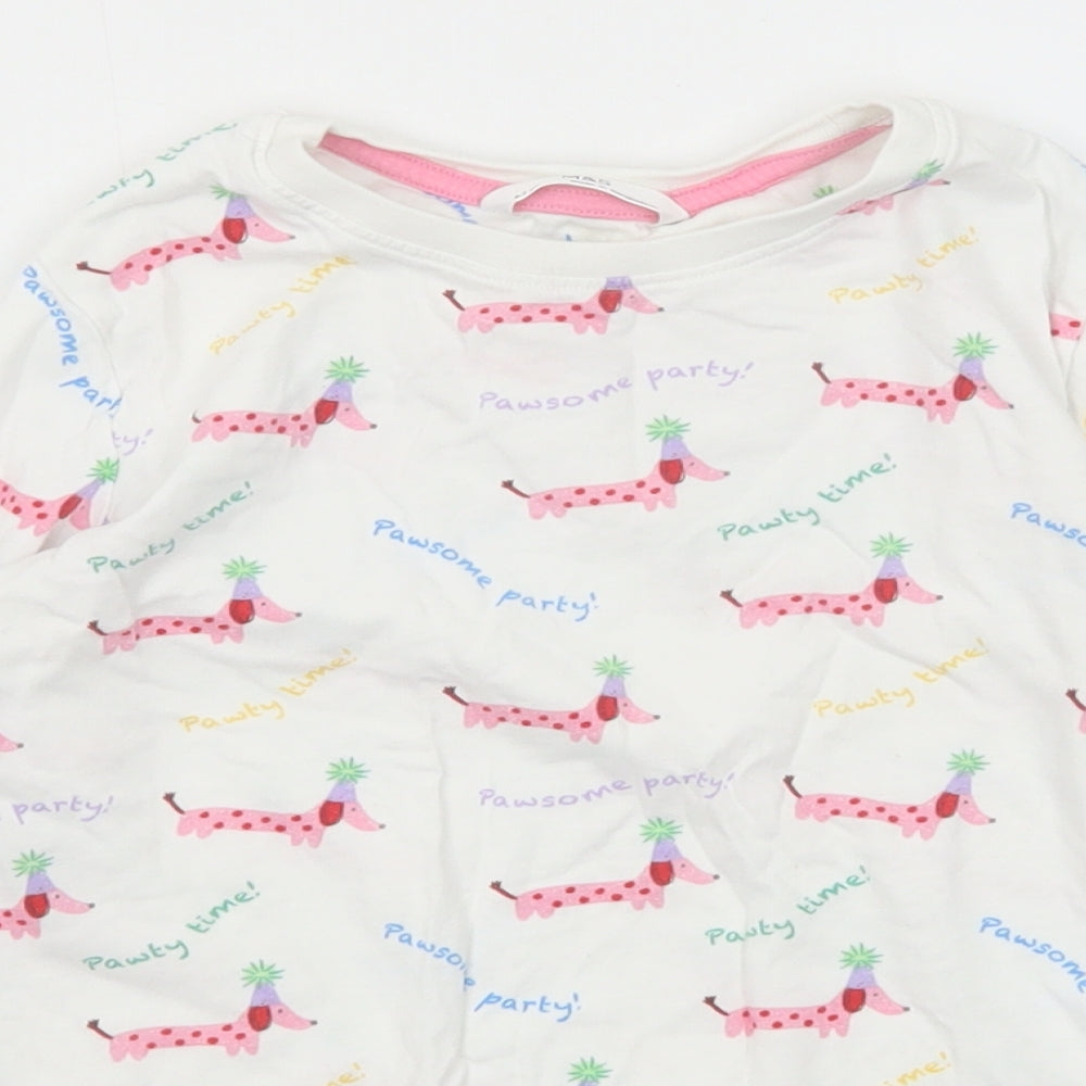 Marks and Spencer Girls White Geometric Cotton Pullover T-Shirt Size 6-7 Years Round Neck Pullover - Sausage Dog