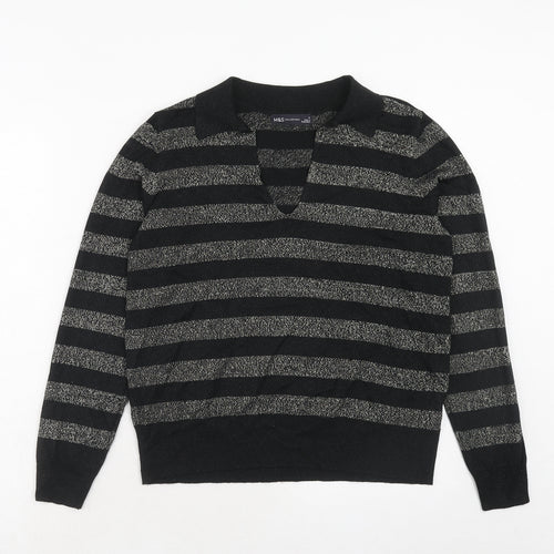Marks and Spencer Womens Black V-Neck Striped Viscose Pullover Jumper Size M