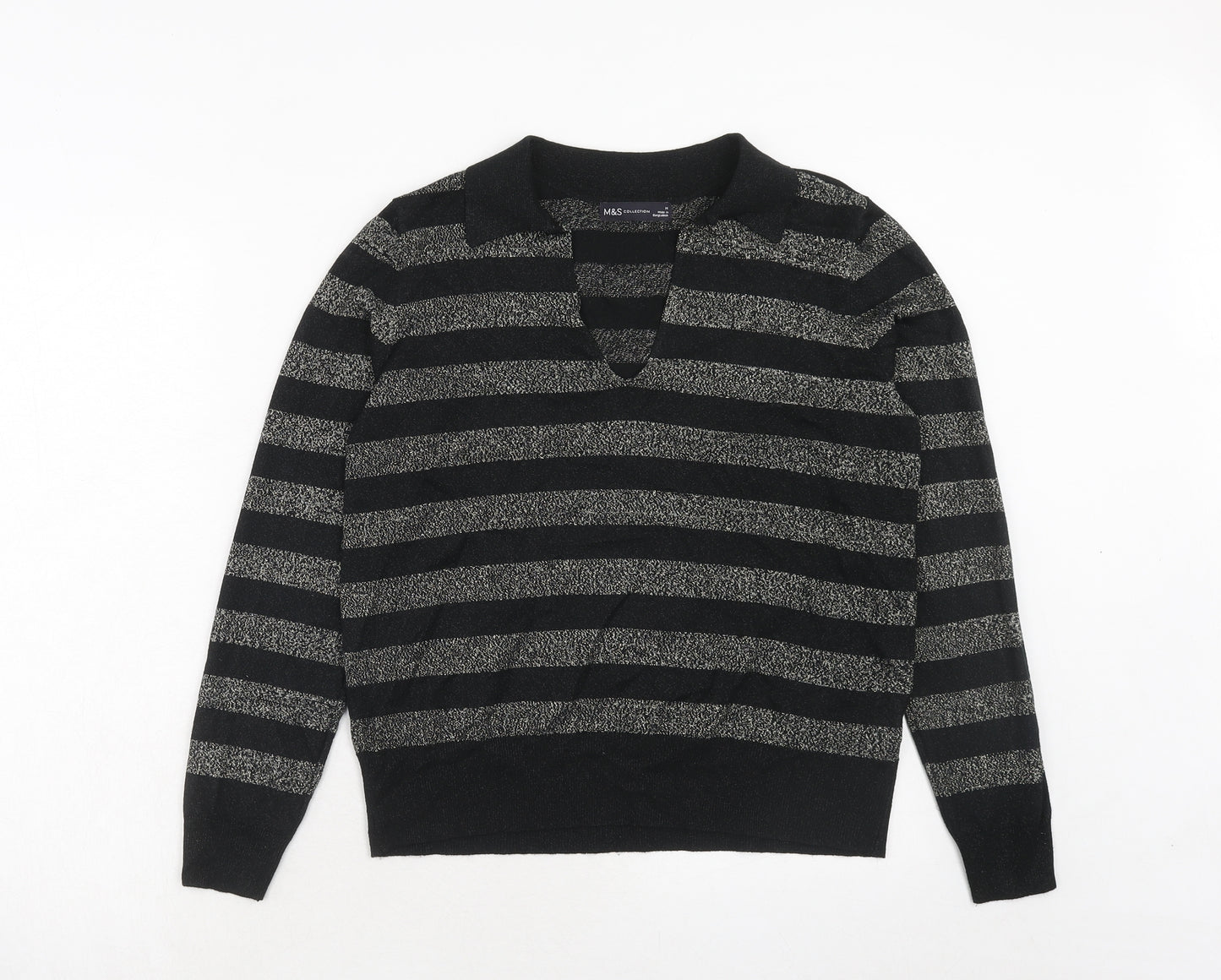 Marks and Spencer Womens Black V-Neck Striped Viscose Pullover Jumper Size M