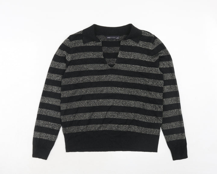 Marks and Spencer Womens Black V-Neck Striped Viscose Pullover Jumper Size M