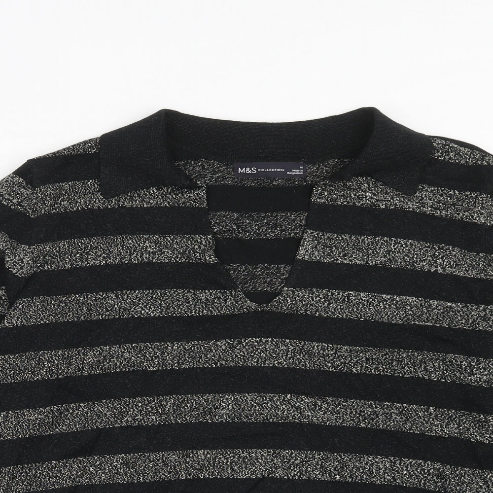 Marks and Spencer Womens Black V-Neck Striped Viscose Pullover Jumper Size M