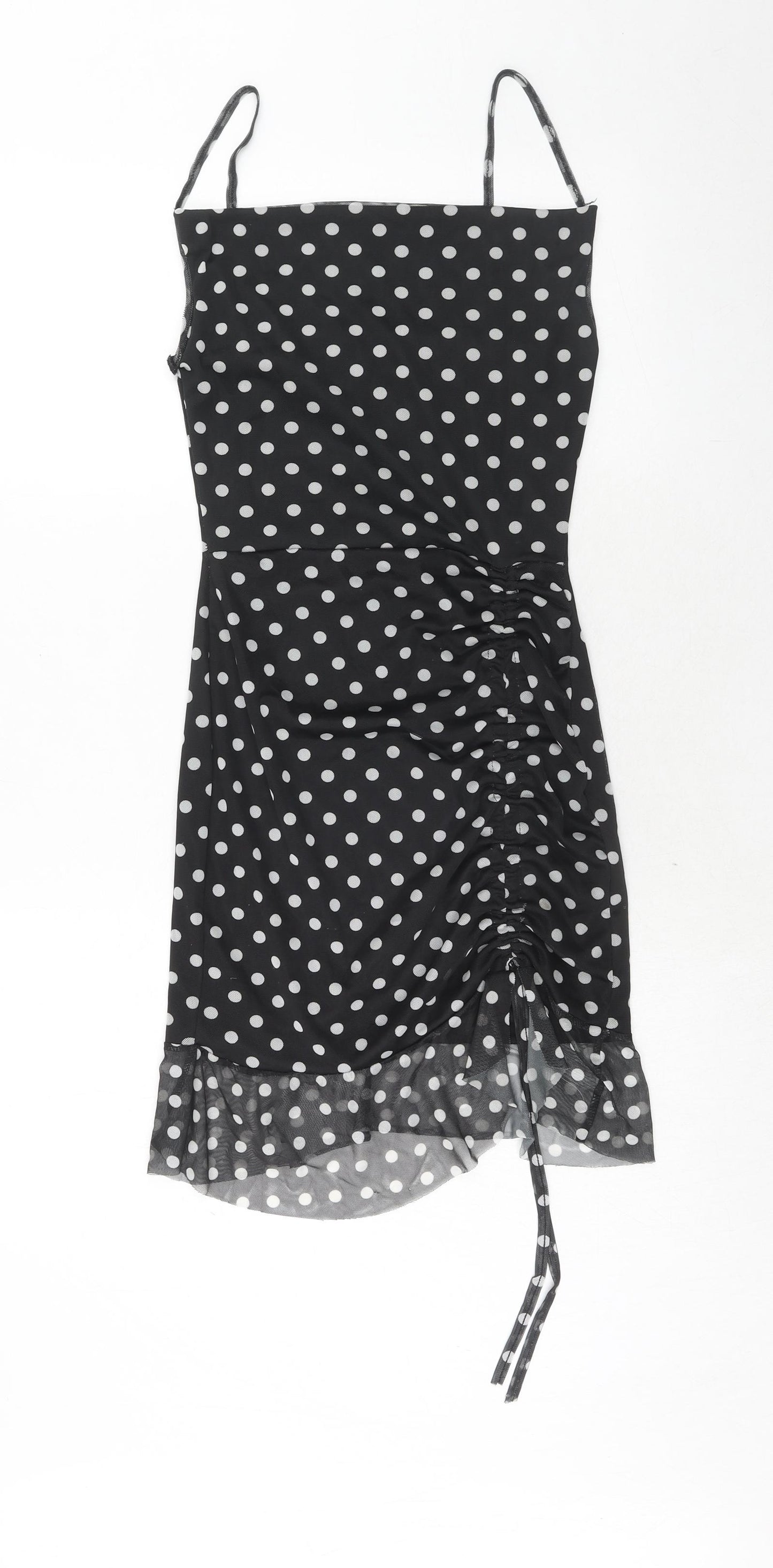 PRETTYLITTLETHING Womens Black Polka Dot Polyester Bodycon Size 10 Square Neck Pullover