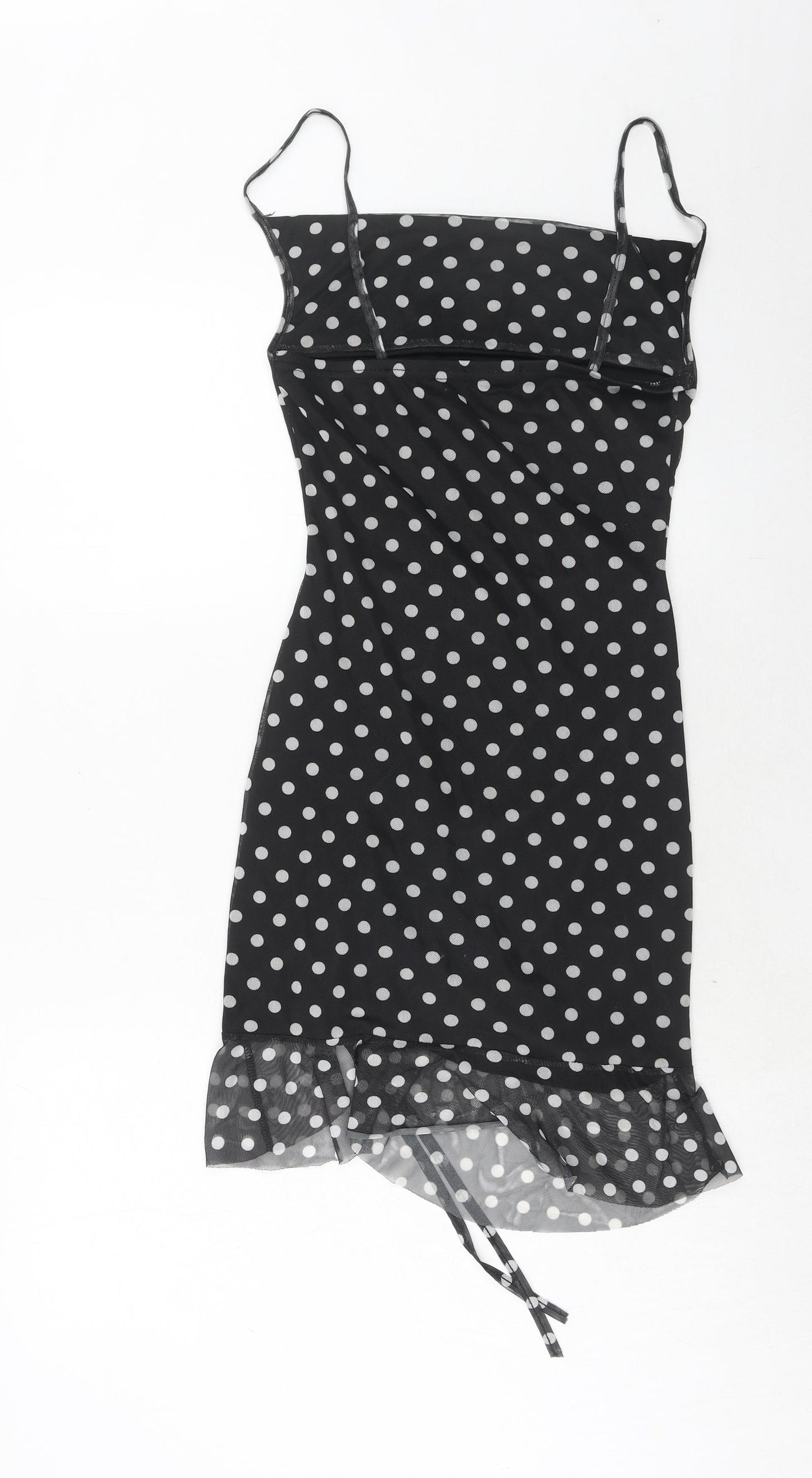PRETTYLITTLETHING Womens Black Polka Dot Polyester Bodycon Size 10 Square Neck Pullover