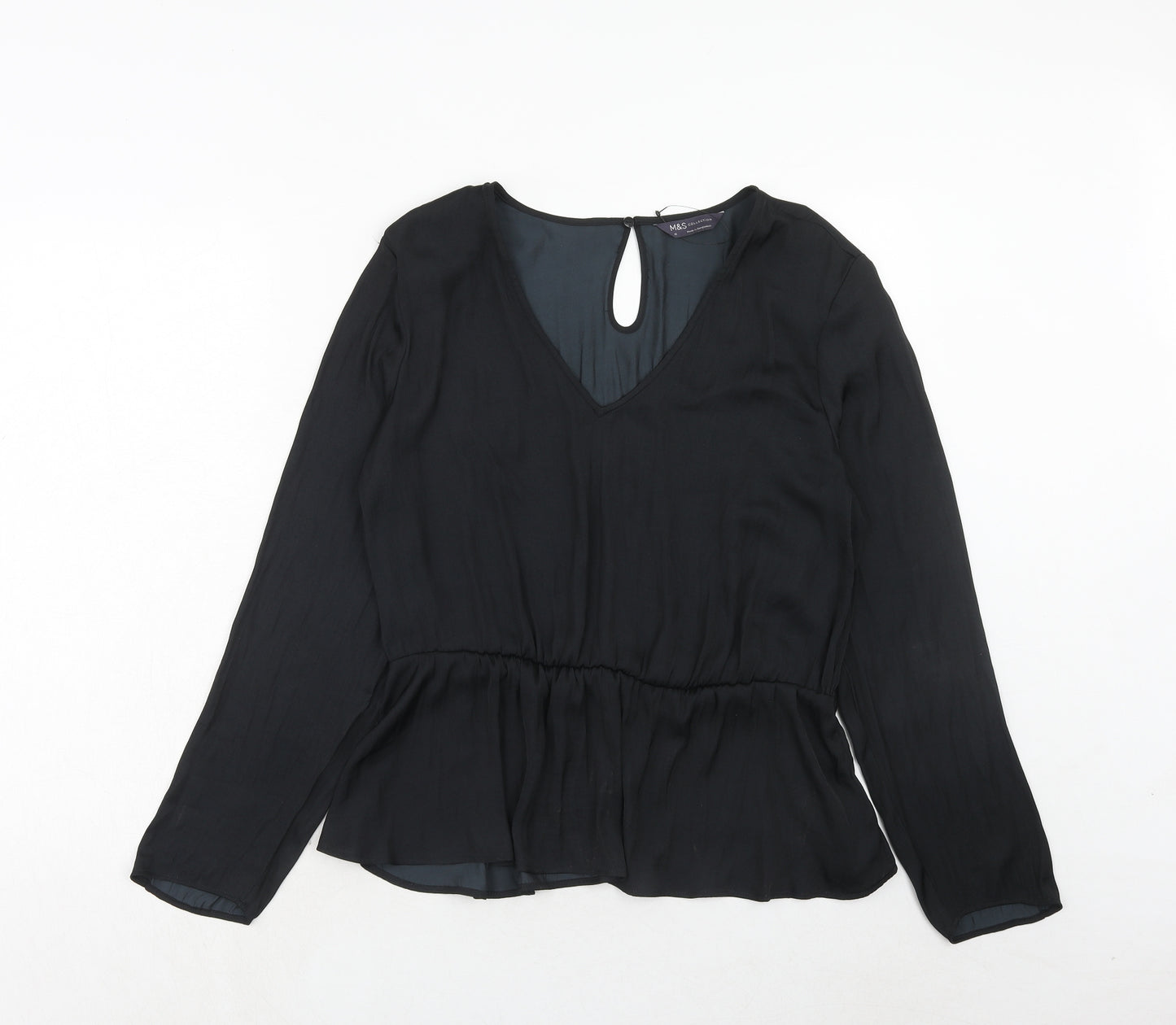 Marks and Spencer Womens Black Polyester Basic Blouse Size 16 V-Neck
