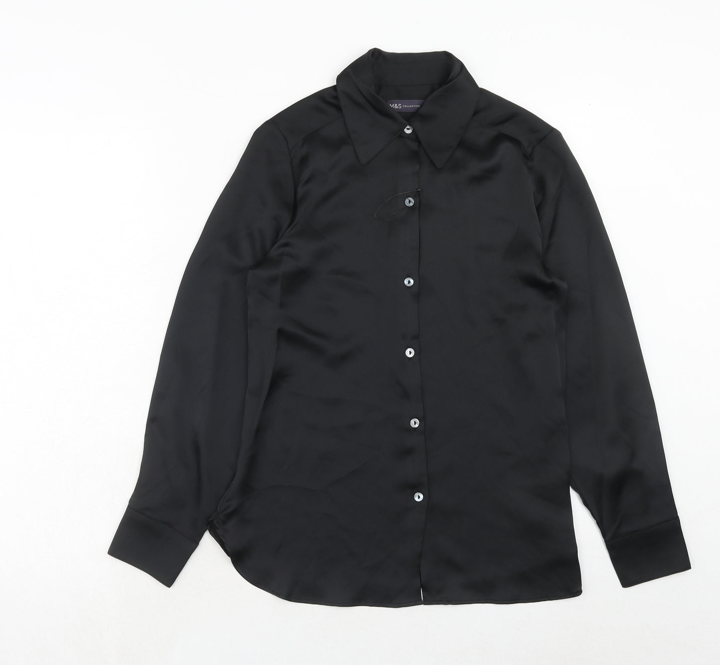 Marks and Spencer Womens Black Polyester Basic Button-Up Size 8 Collared