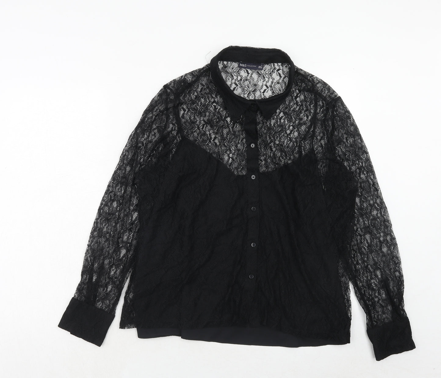 Marks and Spencer Womens Black Polyamide Basic Button-Up Size 20 Collared