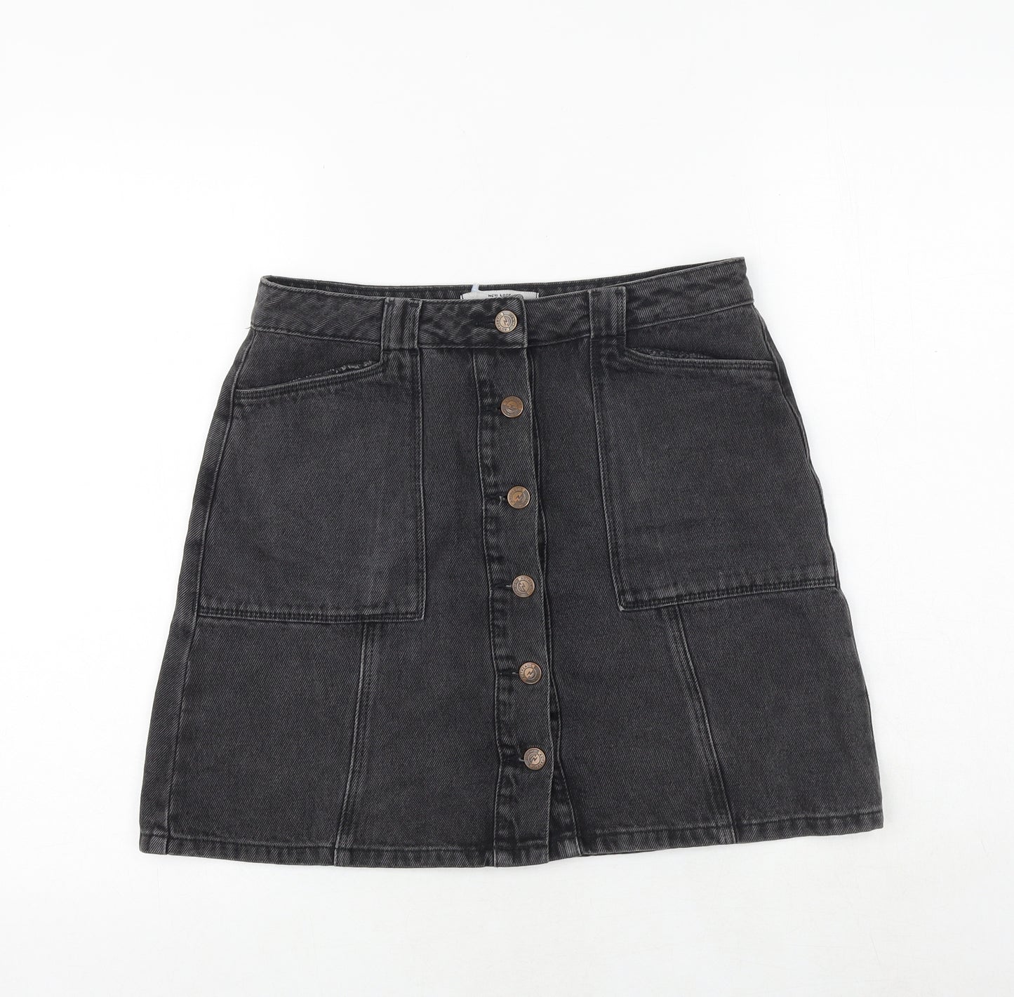 New Look Womens Black Cotton A-Line Skirt Size 10 Button