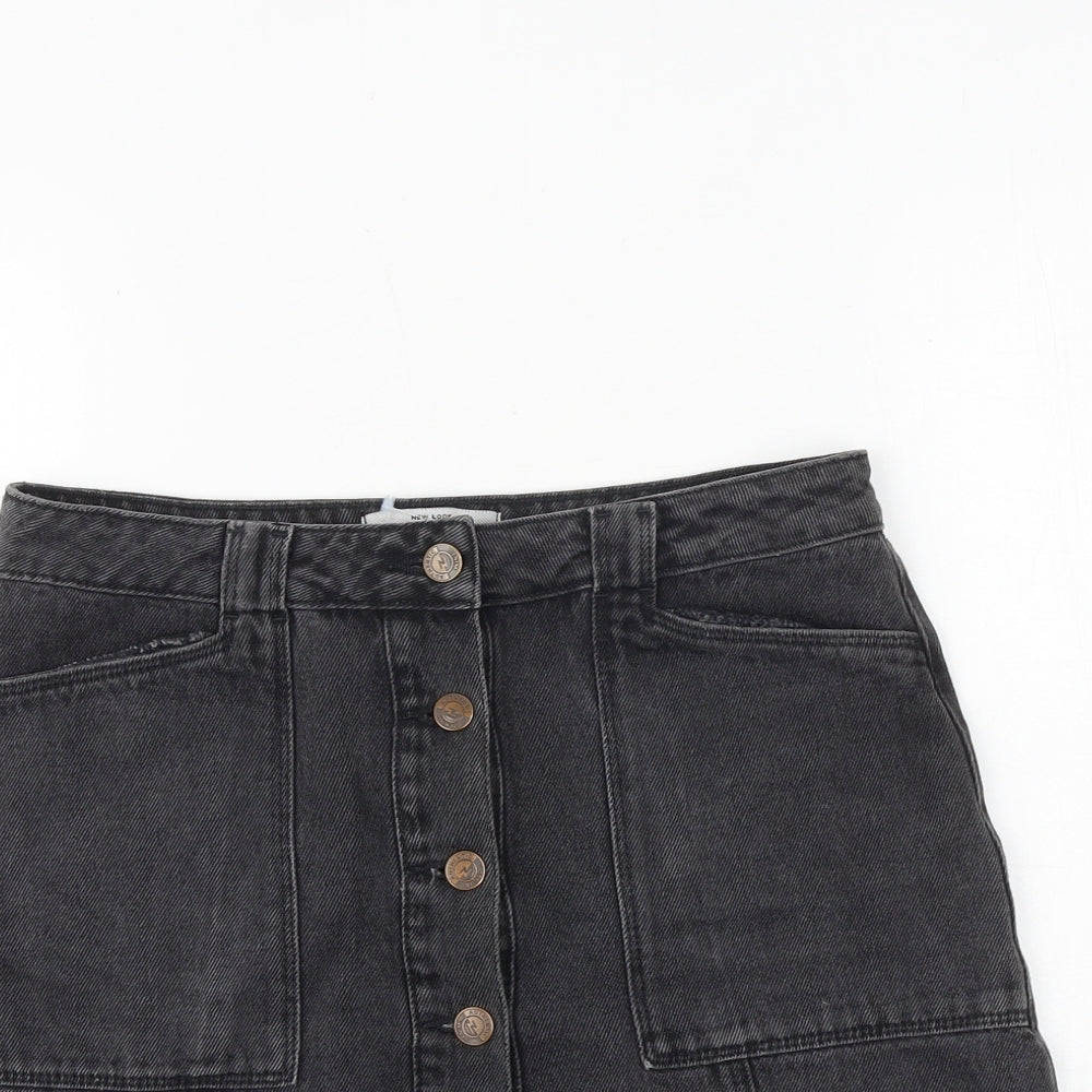 New Look Womens Black Cotton A-Line Skirt Size 10 Button