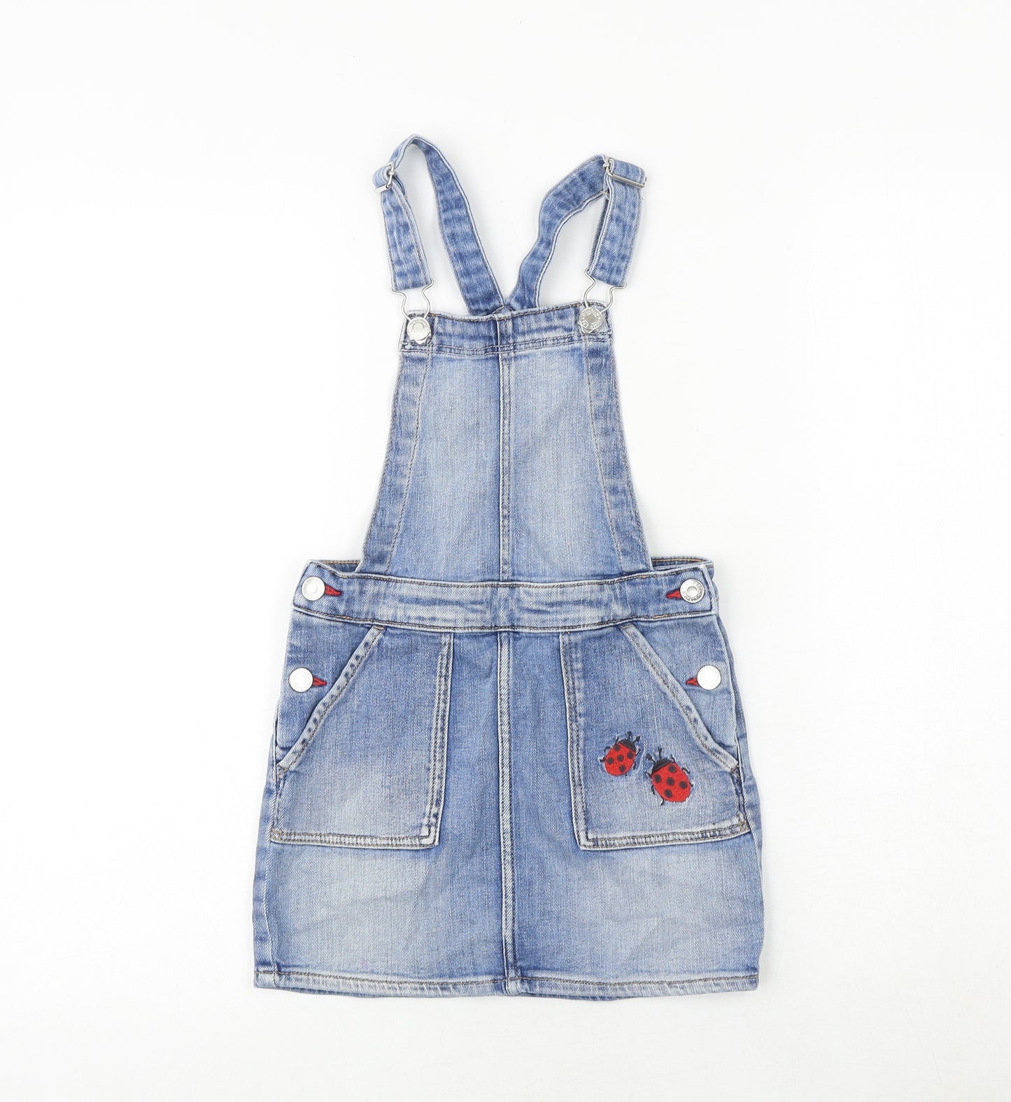 H&M Girls Blue 100% Cotton Pinafore/Dungaree Dress Size 7-8 Years Square Neck Buckle