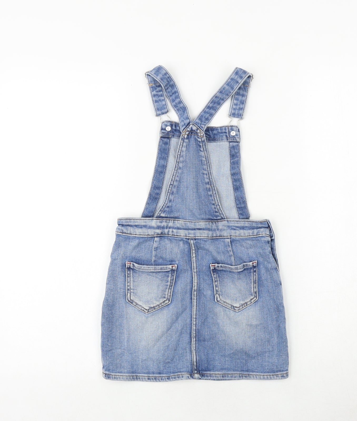 H&M Girls Blue 100% Cotton Pinafore/Dungaree Dress Size 7-8 Years Square Neck Buckle