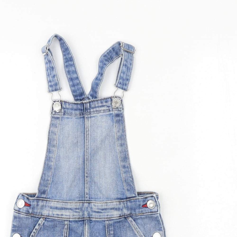 H&M Girls Blue 100% Cotton Pinafore/Dungaree Dress Size 7-8 Years Square Neck Buckle