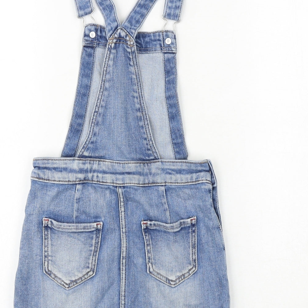 H&M Girls Blue 100% Cotton Pinafore/Dungaree Dress Size 7-8 Years Square Neck Buckle
