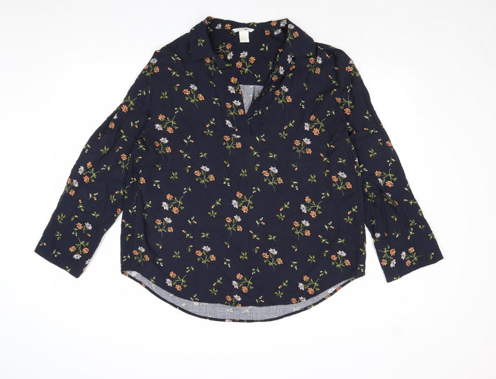 H&M Womens Blue Floral Viscose Basic Blouse Size XS Collared