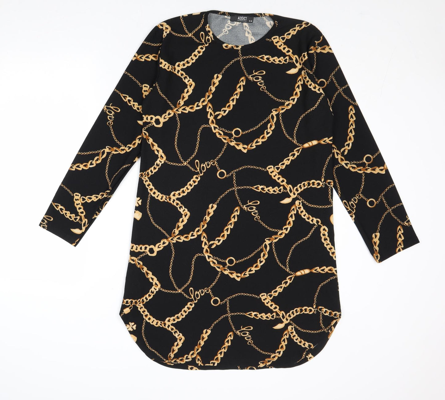 Addict Womens Black Geometric Polyester A-Line Size S Round Neck Pullover - Size S-M