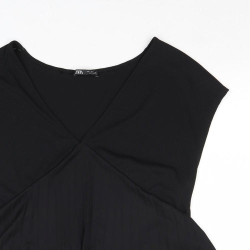Zara Womens Black Polyester Basic Blouse Size L V-Neck