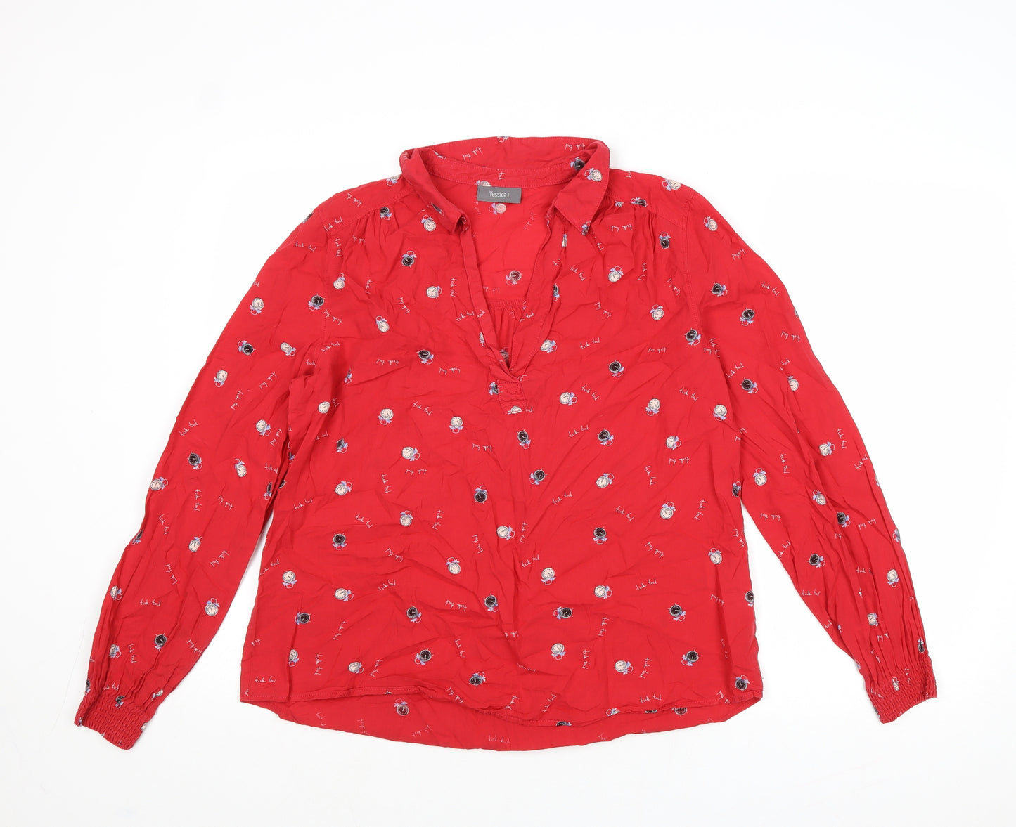 Yessica Womens Red Geometric Cotton Basic Blouse Size 14 Collared