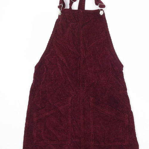 Topshop Womens Red Cotton Pinafore/Dungaree Dress Size 6 Square Neck Buckle