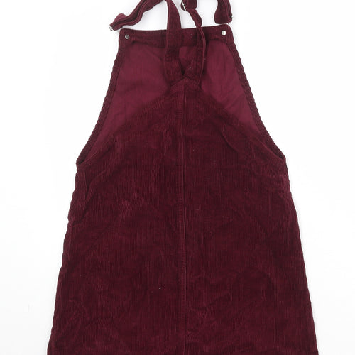 Topshop Womens Red Cotton Pinafore/Dungaree Dress Size 6 Square Neck Buckle