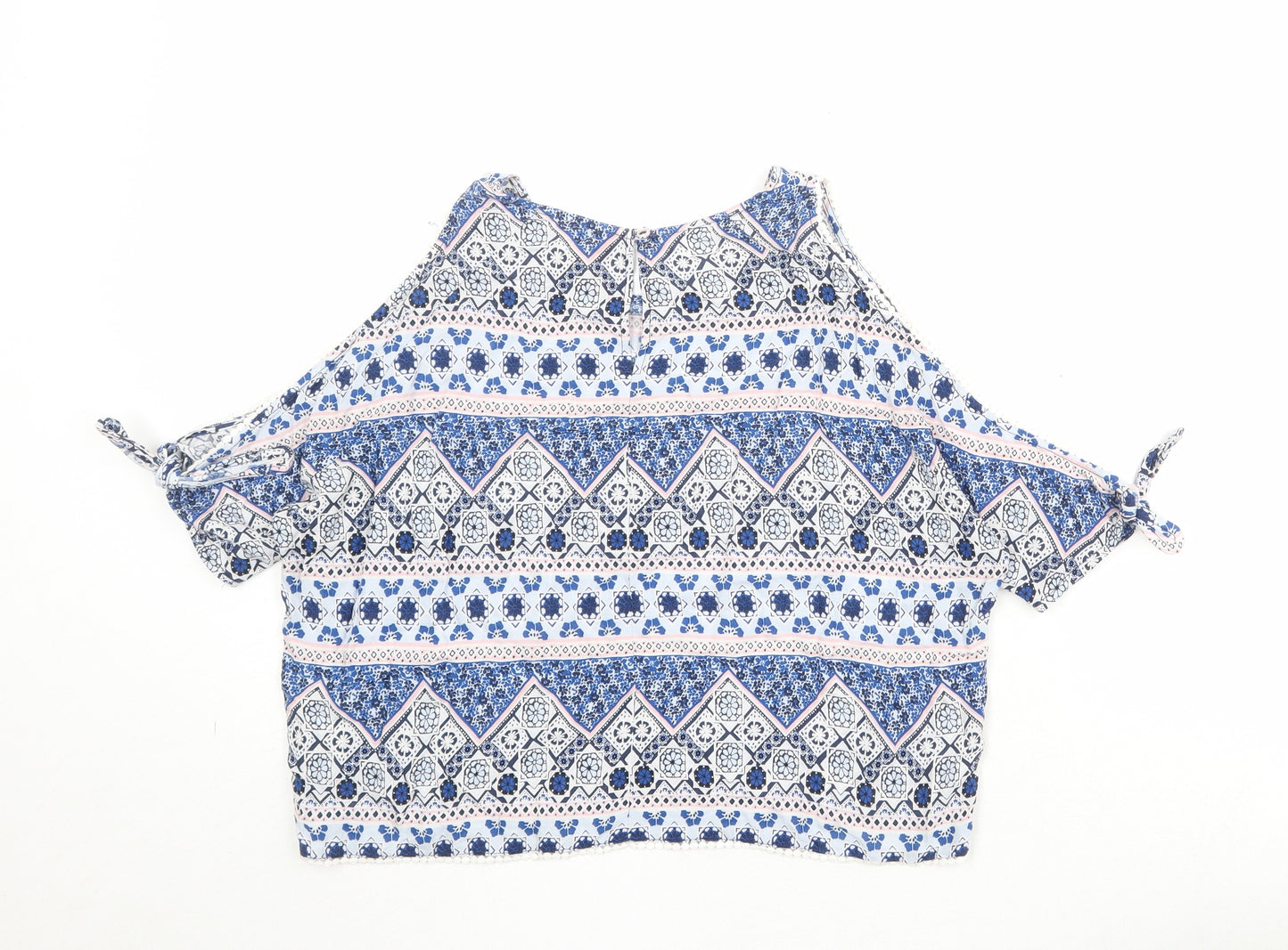 Divided by H&M Womens Blue Geometric Viscose Basic Blouse Size 10 Round Neck - Cold Shoulder