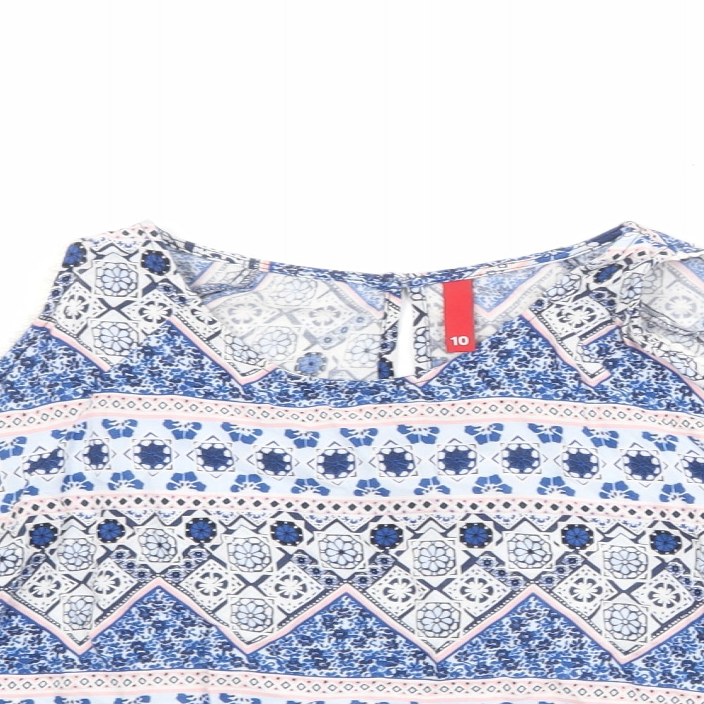 Divided by H&M Womens Blue Geometric Viscose Basic Blouse Size 10 Round Neck - Cold Shoulder