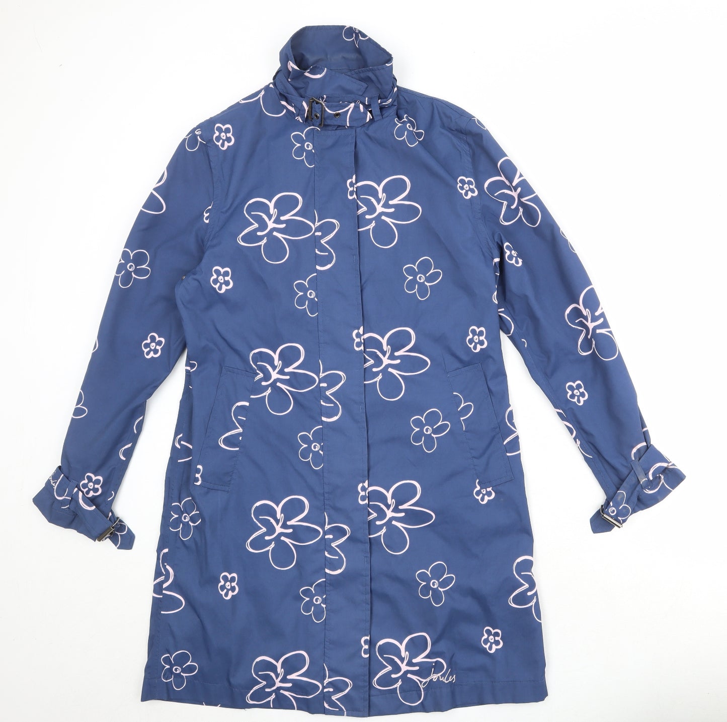 Joules Womens Blue Floral Rain Coat Coat Size M Button