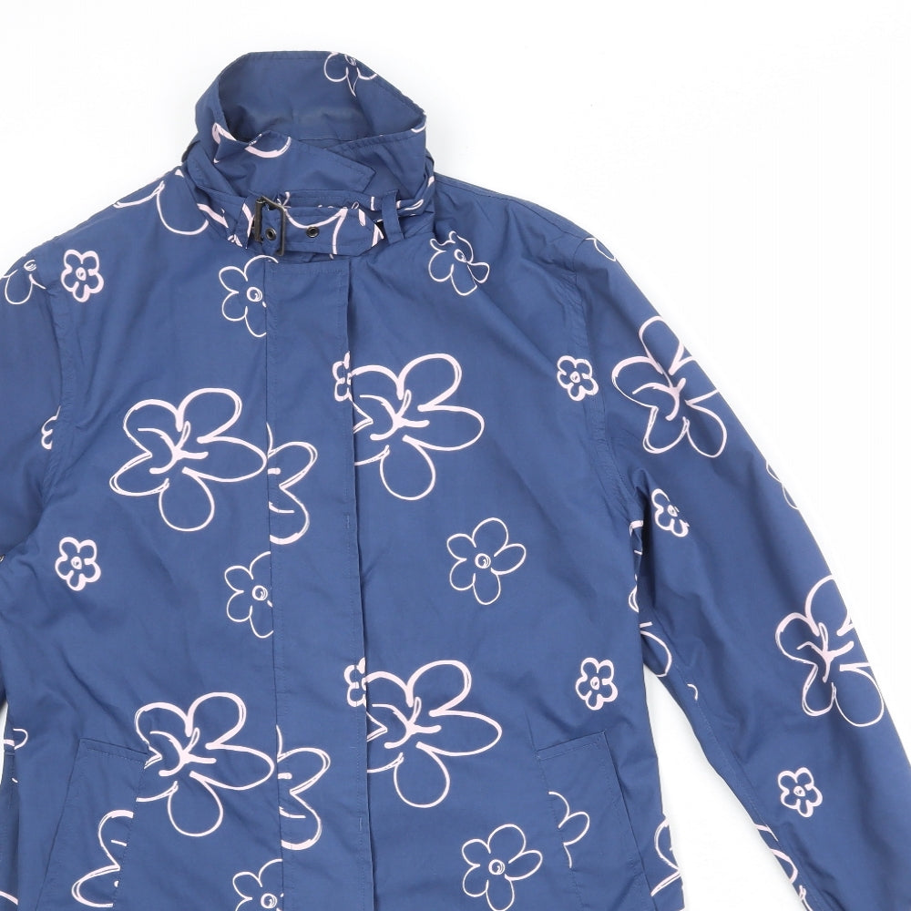 Joules Womens Blue Floral Rain Coat Coat Size M Button