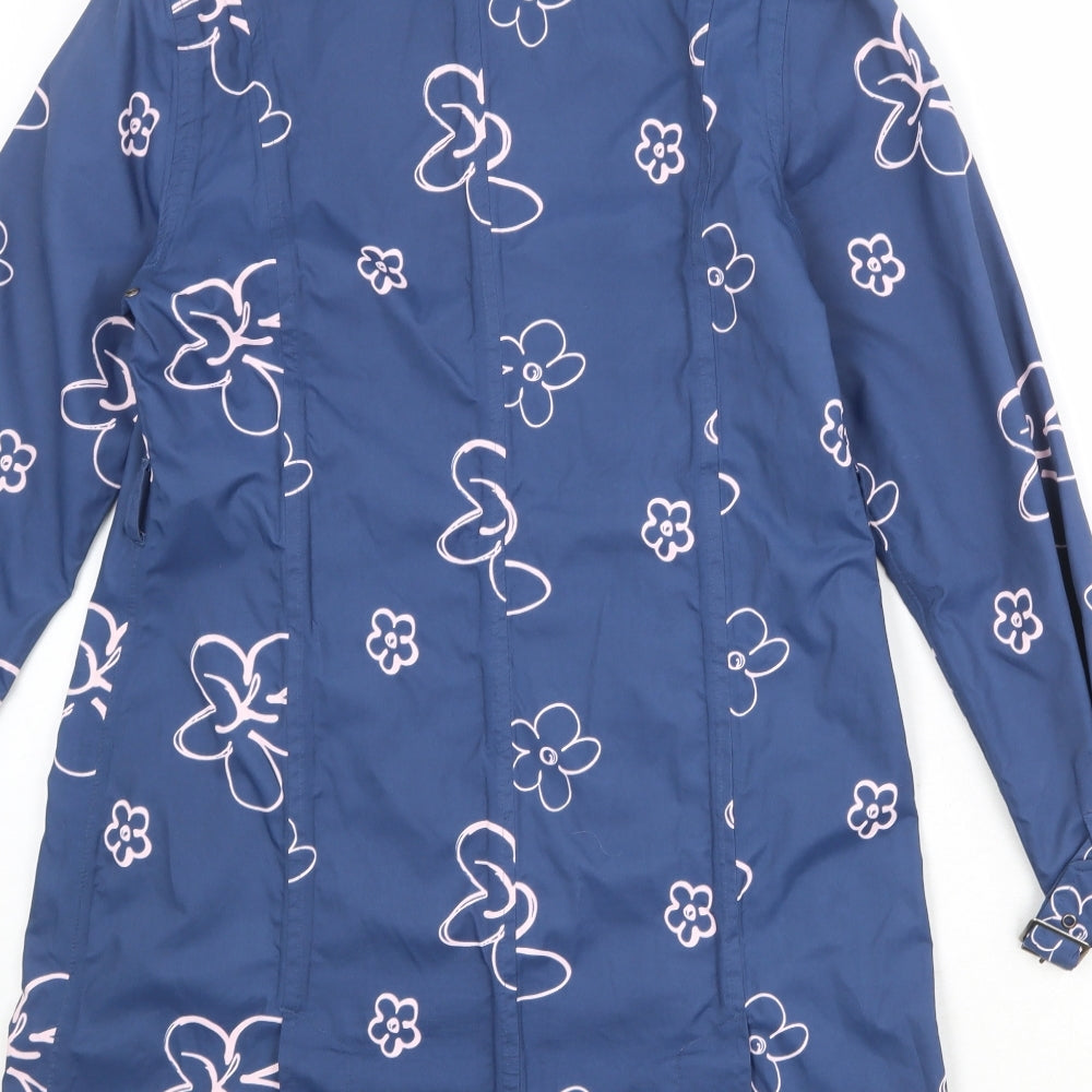 Joules Womens Blue Floral Rain Coat Coat Size M Button