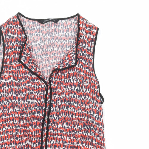 Zara Womens Red Geometric Polyester Basic Tank Size M V-Neck