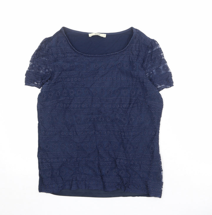 Oasis Womens Blue Geometric Cotton Basic T-Shirt Size M Round Neck