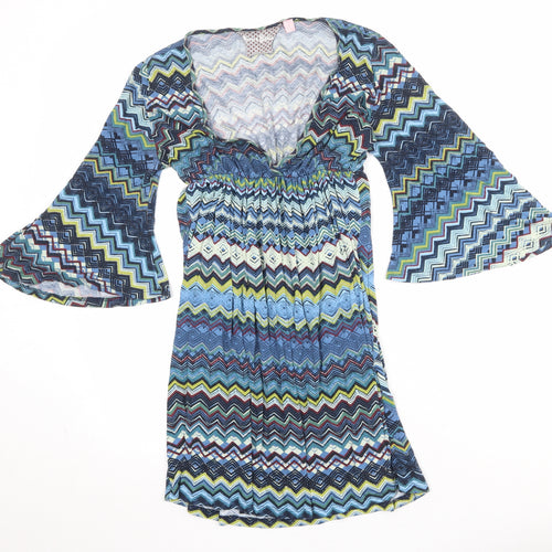 Bomeo of Buliet Womens Multicoloured Geometric Polyester Skater Dress Size M V-Neck Pullover
