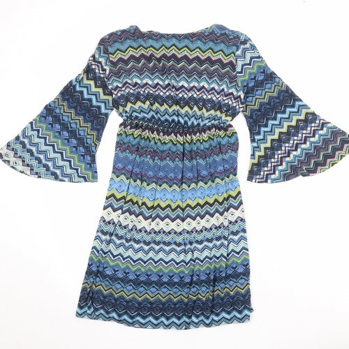 Bomeo of Buliet Womens Multicoloured Geometric Polyester Skater Dress Size M V-Neck Pullover