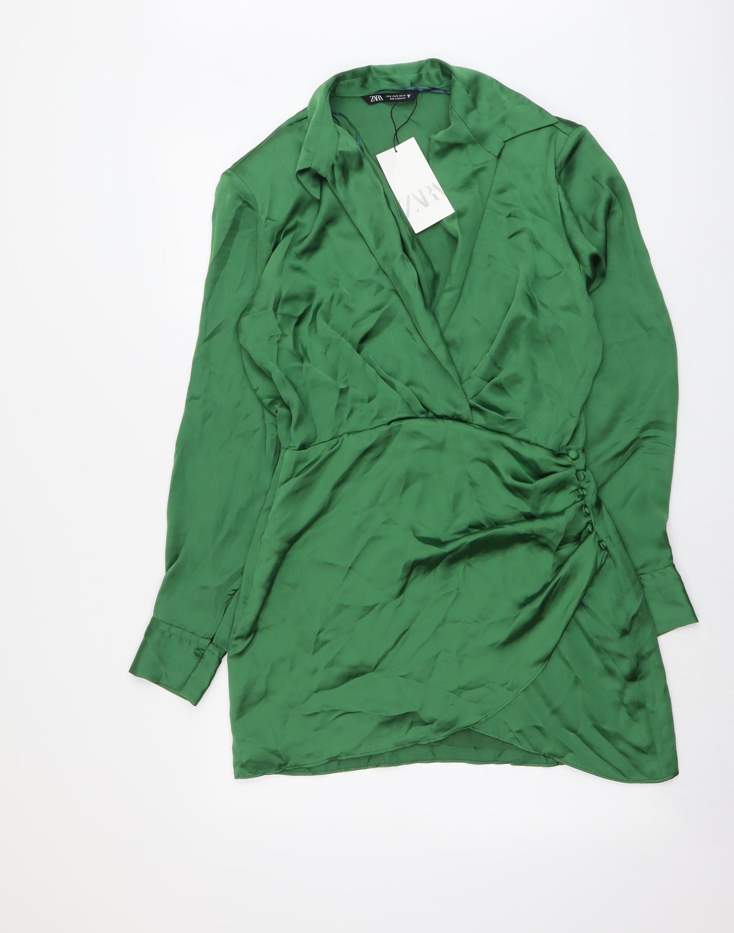 Zara Womens Green Polyester Shirt Dress Size M Collared Zip